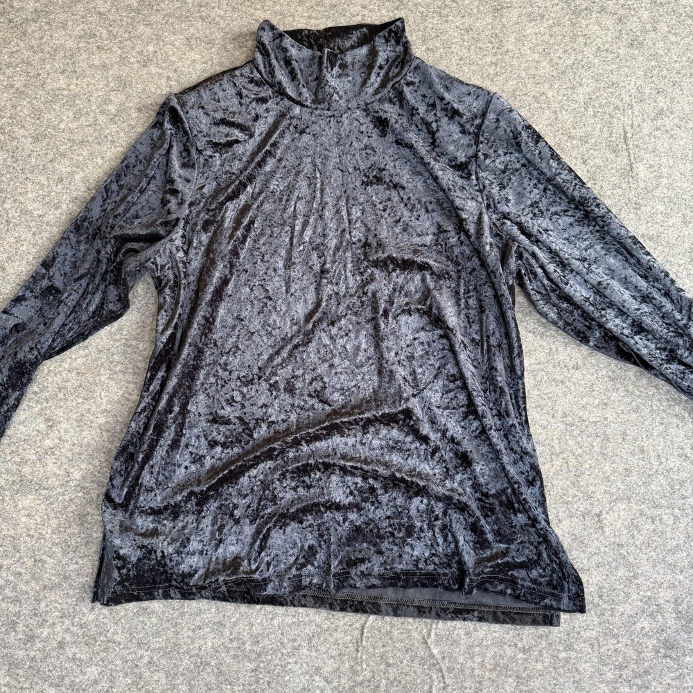 Vintage Blue Crushed Velvet Y2K Shirt Womens 1X BlackMock Turtleneck Long Sleeve